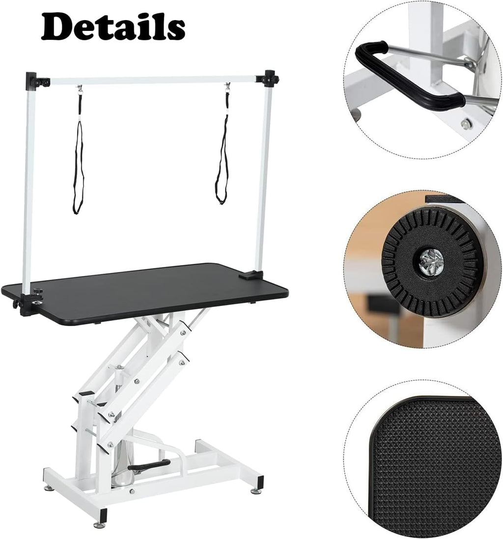 Hydraulic Dog Pet Grooming Table, 42 Inch Heavy Duty Z Lift Structure Professional Dog Grooming Table Suitable for Large Dogs at Home with Adjustable Overhead Arms, Clamps and 2 Grooming Noose, Pink