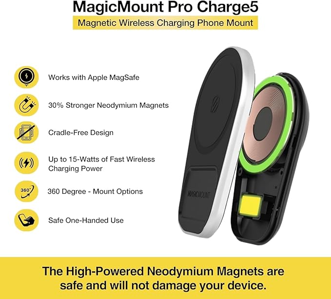 Scosche MPQ5WD MagicMount Pro Charge5 15W MagSafe Wireless Charging Dashboard/Windshield Phone Mount for Car, Magnetic Phone Holder Compatible with iPhone 12/13/14/15/16/Pro/Pro Max, Galaxy, and More