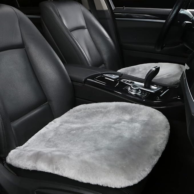 LLB Genuine Sheepskin Car Seat Cushion Seat Covers for Cars Trucks SUV Comfort Seat Protector Pad for Car Driver Seat Car Accessories for Women Office Chair Car Decor (Grey, Front Seat Cushions-2 Pcs)