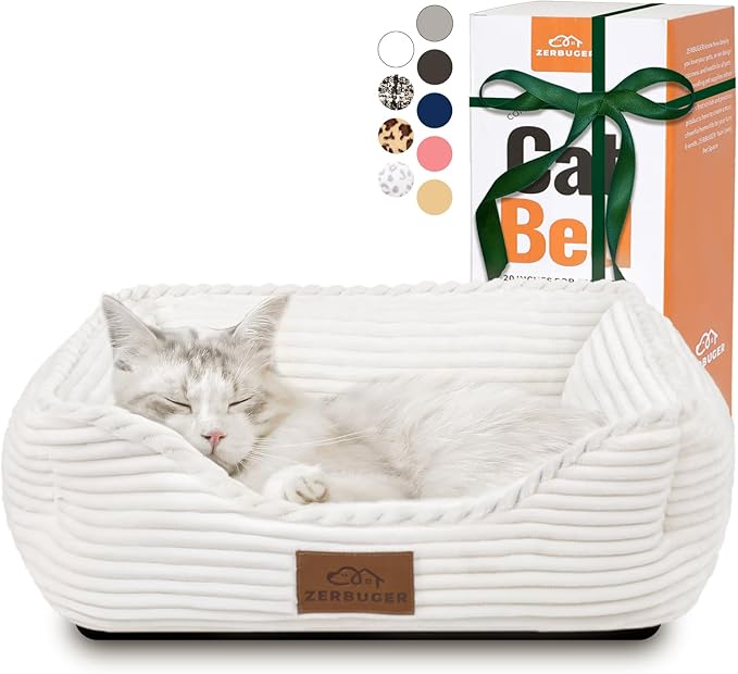 Cat Dog Bed for Pets, Rectangle Pet Bed Gift for Puppy and Kitten, Machine Washable Calming Fluffy Pet Couch Sofa for Indoor Outdoor, Portable Soft Cat Bed with Non-Slip Bottom (Small, Cream)