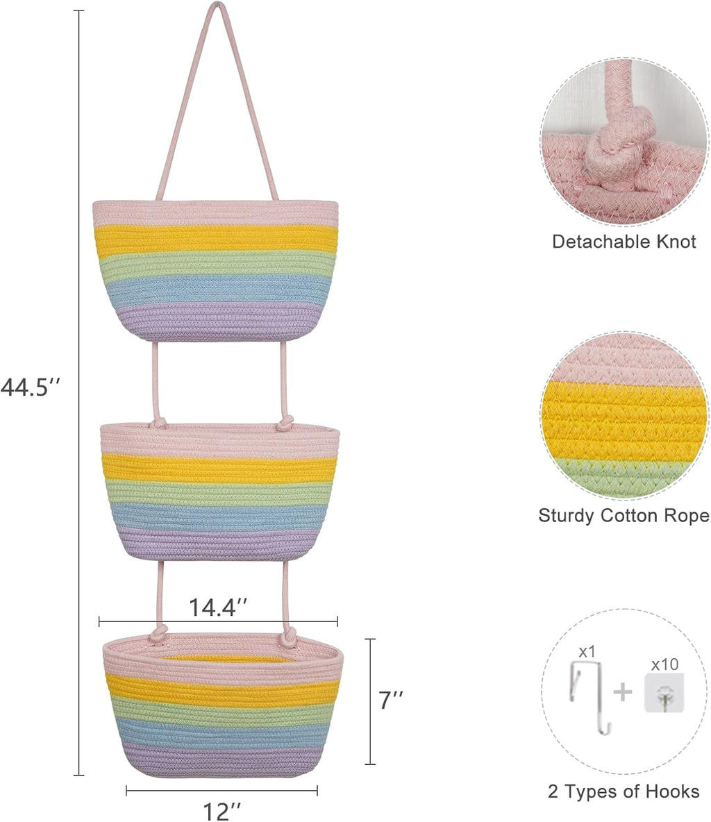 TeoKJ Over the Door Organizer, 3-Tier Woven Cotton Hanging Storage Baskets, Wall-Mounted Baskets for Nursery Organization, Rainbow