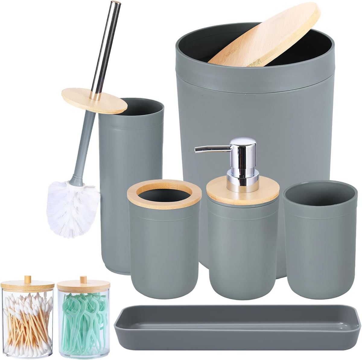 iMucci 9Pcs Grey Bathroom Accessories Set with Trash Can,Toilet Brush,Toothbrush Holder, Lotion Soap Dispenser, Soap Dish,Toothbrush Cup,Vanity Tray,Qtip Holder