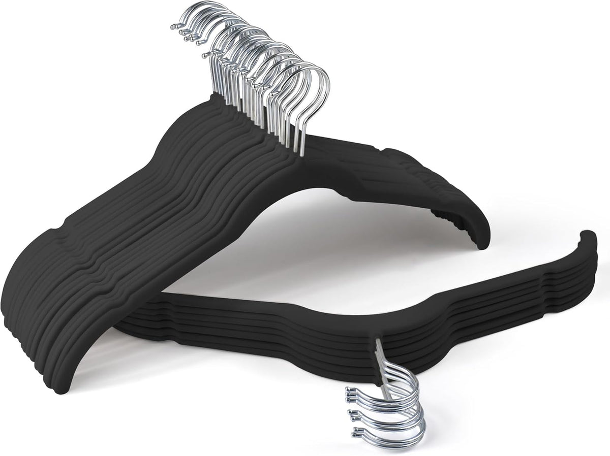 Premium Velvet Hangers 30 Pack - Space-Saving Closet Organizer for Clothes, Non-Slip Flocked Design, Ideal for Shirts and Coats (Black)