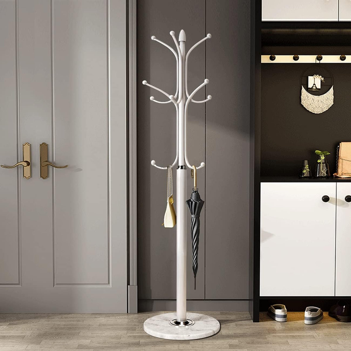 Kertnic Metal Coat Rack Stand with Natural Marble Base, Free Standing Hall Tree with 12 Hooks for Hanging Scarf, Bag, Jacket, Home Entry-way Hat Hanger Organizer (White)