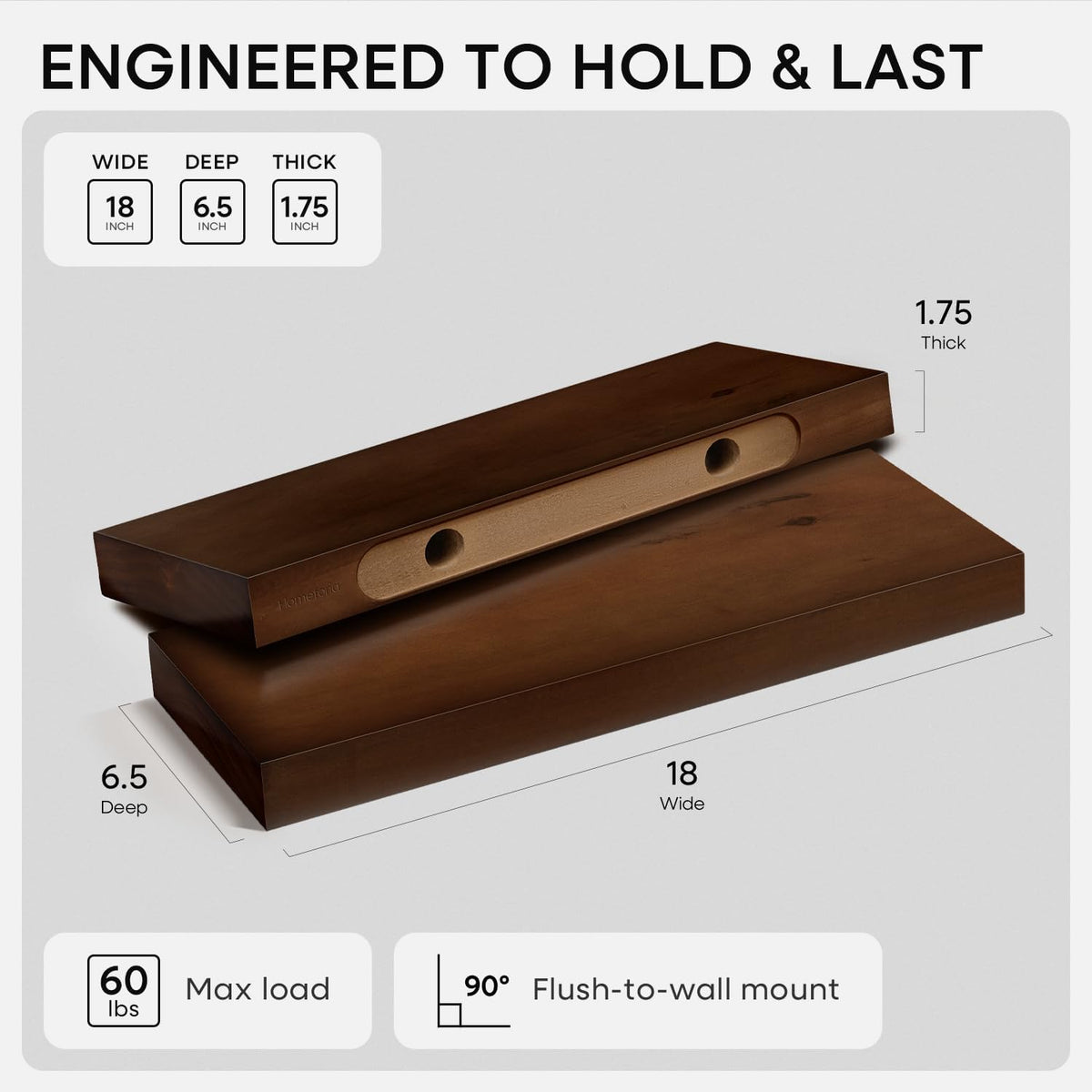 Homeforia Walnut 18 inch Floating Shelf, High End Solid Real Wood 18inch Floating Shelves for Wall Mounted, Dark Brown 18 inches Long Floating Shelves, Heavy Duty Bracket, 18 X 6.5 X 1.75 in, Set of 3