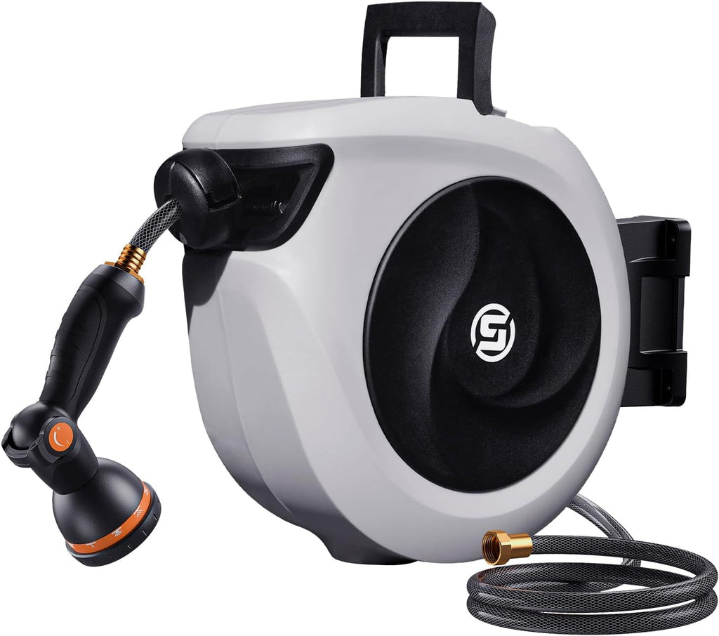 SUNPOW Retractable Garden Hose Reel 1/2 Inch x 33ft - Wall Mounted Lightweight Hose Reel with 3/4 Inch Brass Fittings & 10-Pattern Nozzle - Auto Rewind System, Any Length Lock, 180° Swivel Bracket