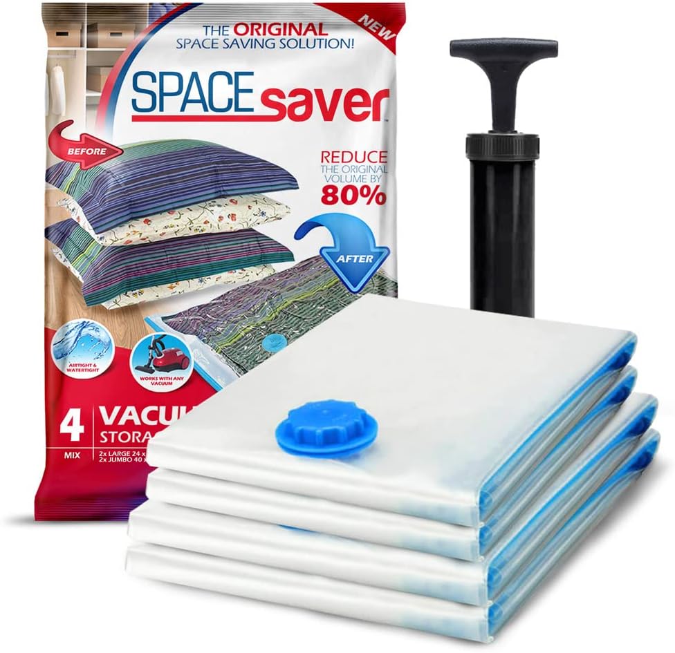 4 Pack Variety Vacuum Storage Bags for Comforters, Blankets & Clothes – Vacuum Sealed Compression Bags with Hand Pump – Space Saver Storage Bags for Bedding, Moving, Travel & Organization (2L & 2XL)