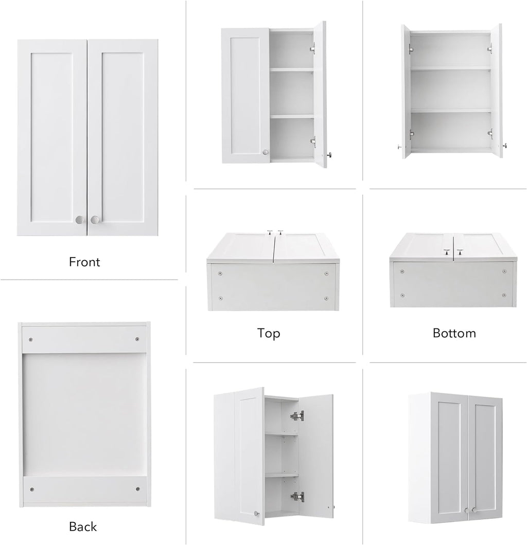 White Wall Mount Cabinet, MDF Over The Toilet Storage Cabinet with Adjustable Shelves, Space Saver 2 Door Medicine Cabinet for Bathroom Laundry Kitchen, 19x 27in, No Paint Odor