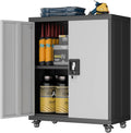 LUCYPAL Metal Storage Cabinet with 2 Doors,Steel Storage Cabinet with Adjustable Shelves and Wheels,Locking Tool Cabinets for Office,Home,Garage,Black&Grey 31.5" H