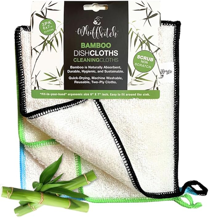 Whiffkitch Dishcloths Dishrags for Kitchen and Household Cleaning 6x7 3-Pack Non-Scratch 2-Ply Weave, Bamboo-Rayon Fabric, Absorbent, Washable, Long-Lasting