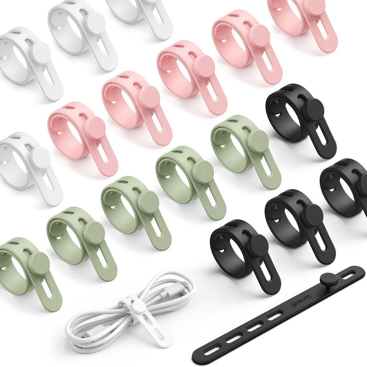 Lamicall 20Pack Silicone Cable Ties Cord Organizer - [4 Adjustable Holes] Multi Color Elastic Reusable Cord Wraps Management, Home Organizer Ties for Phone Charger Electrical Cable, Travel Essentials