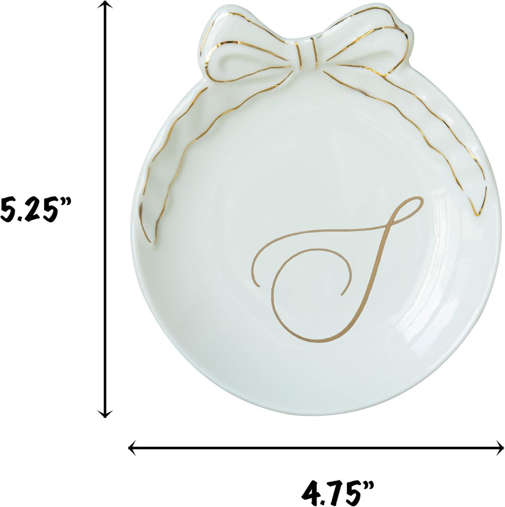 COLLECTIVE HOME - Personalized Initial Ceramic Jewelry Tray with Bow, Christmas Gift Ideas for Women, Small Gift for Girlfriend Wife, Ring Holder, Earrings Dish, Birthday Gift for Her (S)