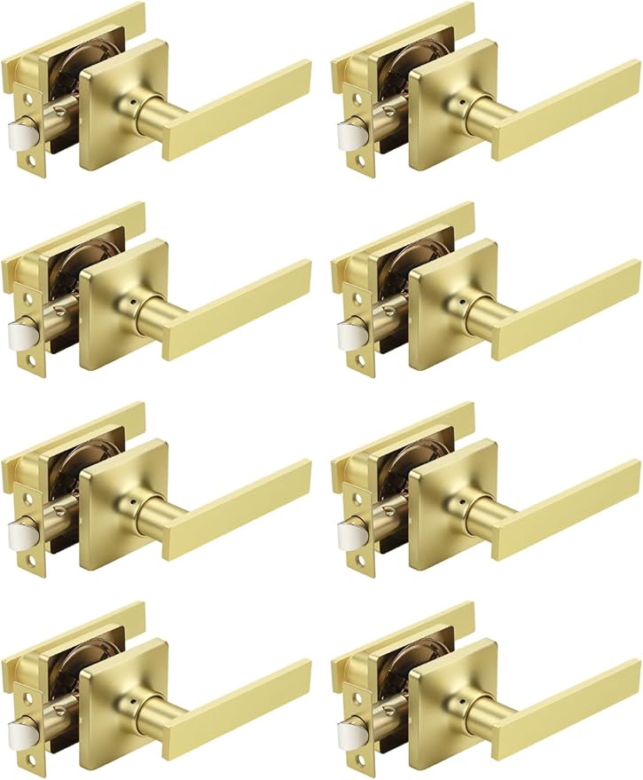 Mengico 8 Pack Passage Door Levers Gold Finish, No-Locking Keyless Square Door