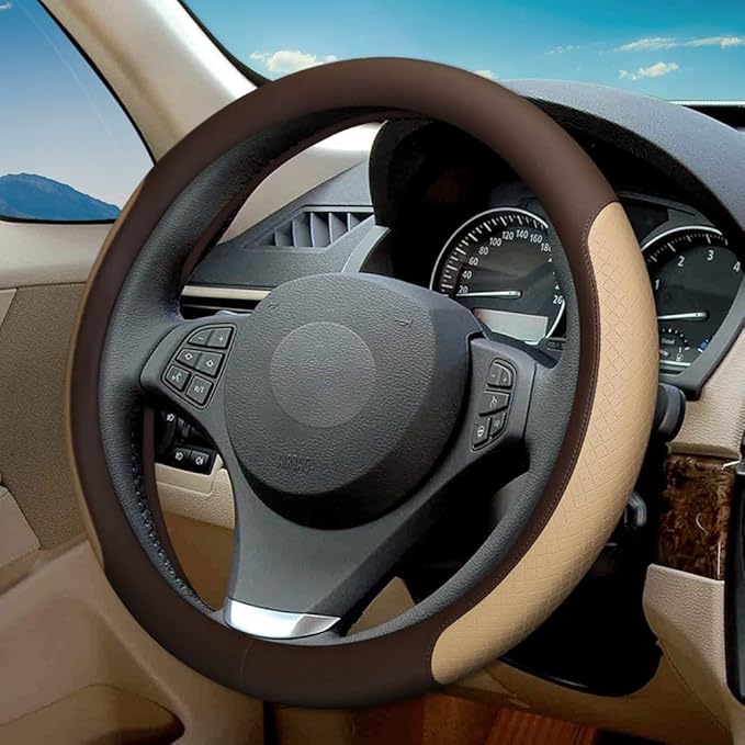 Steering Wheel Cover, Microfiber Leather Splicing with Classic Embossing,Contrasting Colors Anti-Slip Breathable Auto Car Steering Wheel Cover Fit 15 Inch Car Wheel Protector (Coffee&Beige)