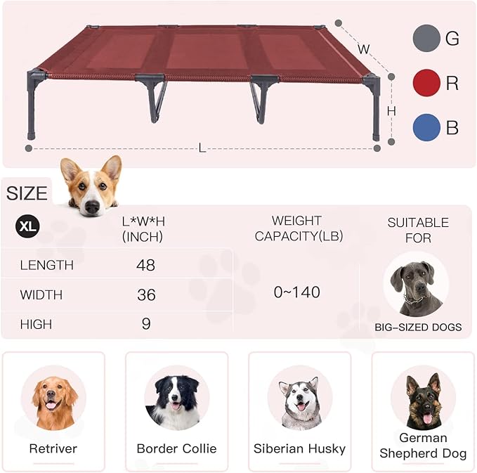 SUDDUS Elevated Dog Bed Waterproof Outdoor, Portable Raised Dog Bed, Dog Bed Off the Floor, Dog Bed Easy Clean Indoor or Outdoor Use, Medium, Red