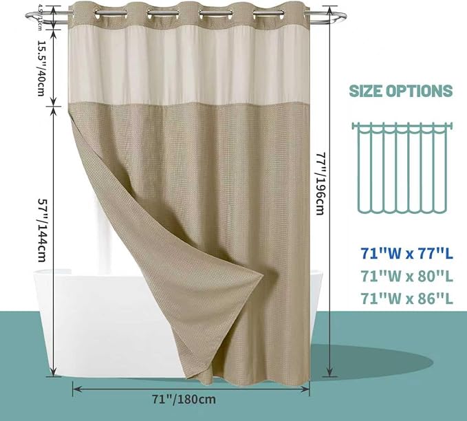 eachope Khaki No Hook Waffle Weave Shower Curtain with snap-in Liner Replacement, 230GSM Waterproof Fabric Hotel Shower Curtain Set for Bathroom, Through Mesh Top Window,71Wx77H