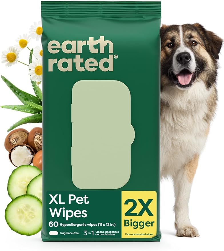Earth Rated XL Pet Wipes for Dogs & Cats, 3-in-1 Unscented Hypoallergenic Cleaning, Deodorizing and Hydrating Extra Large Grooming for Body, Paws and Butt, Unscented, 60 Count