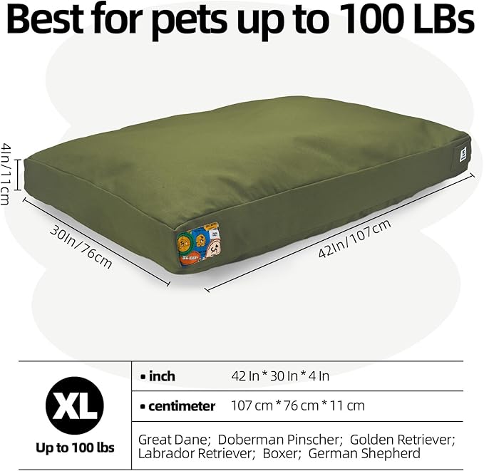 Sytopia 42 Inch Canvas Outdoor Dog Bed for Extra Large Dogs, Waterproof Washable Removable Cover, Indoor Patio Pet Pad, Green