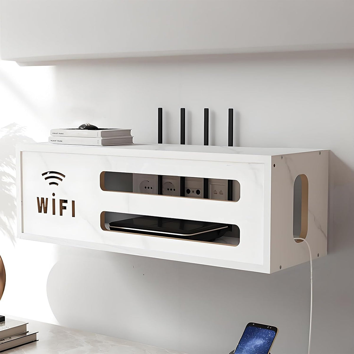 Wall Mount WiFi Router Box, WiFi Router Storage Cabinet, Power Strip and Cable Management Hider Rack, Invisible Storage, for Living Room, Office, Bedroom(White)