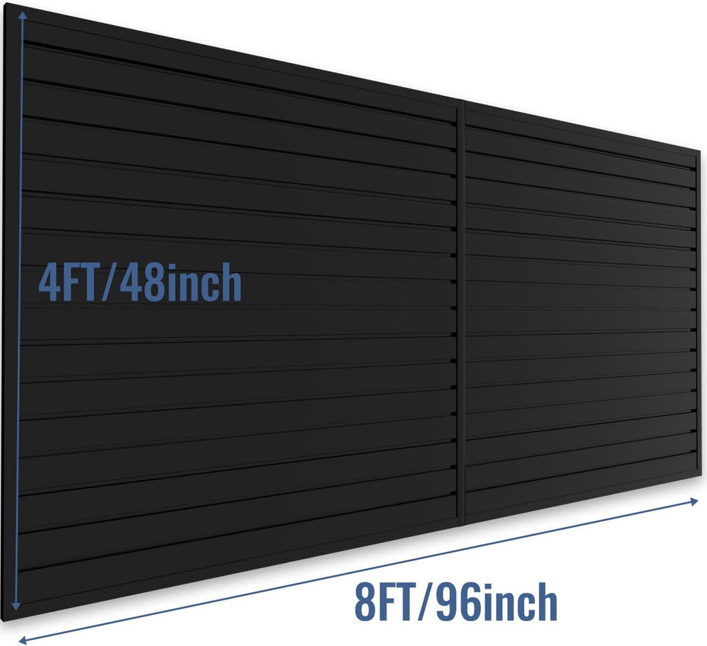 Slatwall Panel Garage Organizer PVC Slatwall Heavy Duty Wall Mounted Rack, Interlocking Slat Wall Panels for Tool Organization Peg Board (Black 4 x 8 ft)