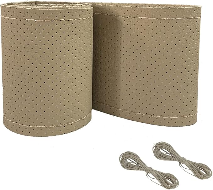 Onerbuy Universal Leather Car Steering Wheel Stitch On Wrap Cover DIY Sewing Breathable and Anti Slip, 15-Inch (Beige)