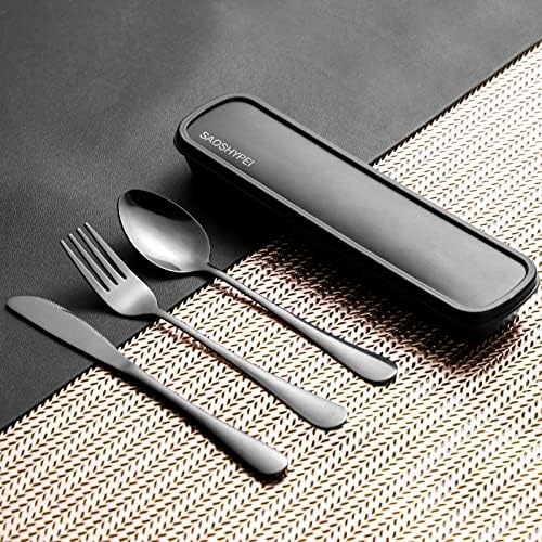 SAOSHYPEI Travel Utensils with Case, 4-Piece Stainless Steel Set, Black