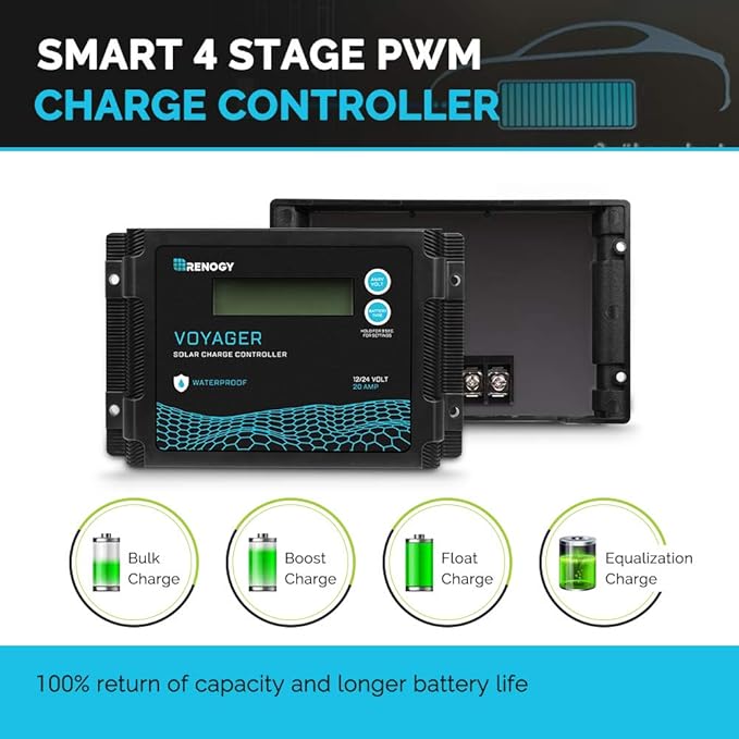 Renogy Voyager 20A 12V/24V PWM Waterproof Solar Charge Controller w/ LCD Display