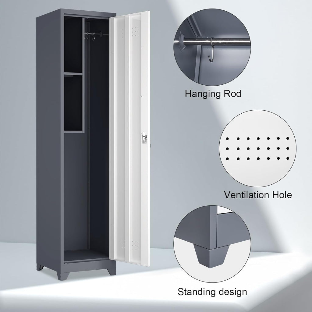 Metal Broom Storage Cabinets, Narrow Cabinet with Hooks, 65" Slim Bathroom Storage Cabinet with Shelves, Heavy-Duty Cleaning Cabinets for Utility Room, Gym, Office, Garage