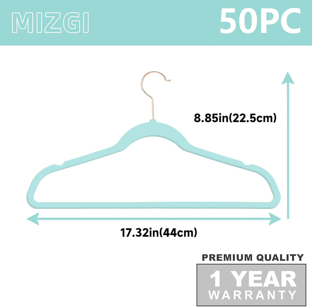 MIZGI Premium Velvet Hangers - Heavy Duty Non Slip Felt Hangers (50 Pack) - Aqua Blue & Rose Gold Hooks, Space Saving & Durable for Suits & Coats