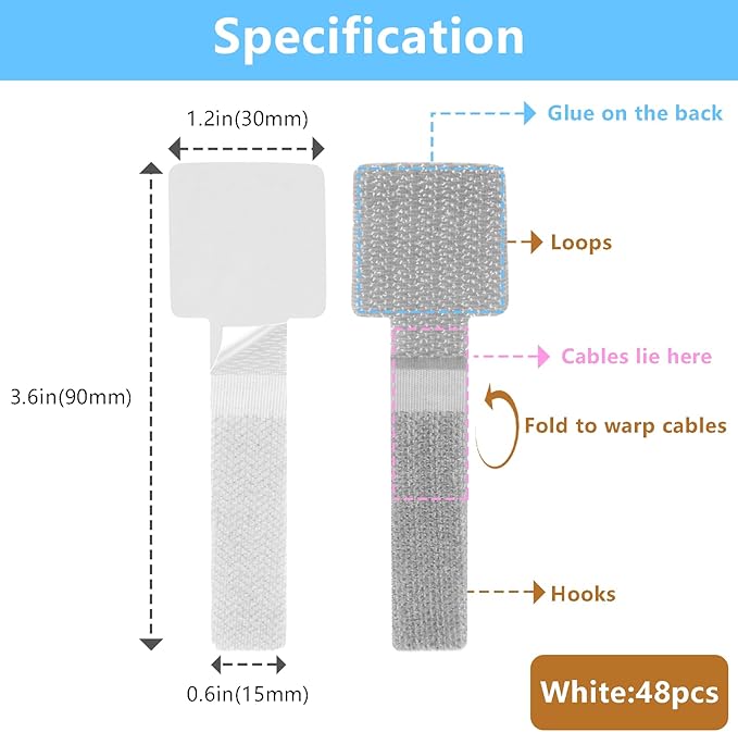 Desk Cable Management, Wire Organizers for Cords - Grey and White 48 PCS Sticky Back Self Adhesive Cable Ties, Hook and Loop Straps for Home or Office Use