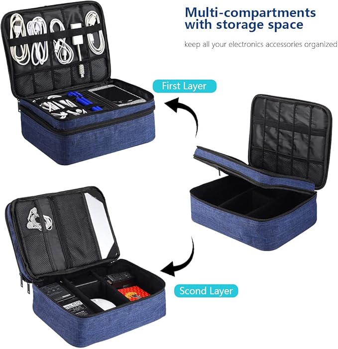 ORIENT FAMULAY Travel Electronics Organizer, Waterproof Cable Organizer Bag for Electronic Accessories Double Layer Large Shockproof Cable Storage Bag for Cord, Power Bank, Tablet(Up to iPad 11 inch) - Royal Blue