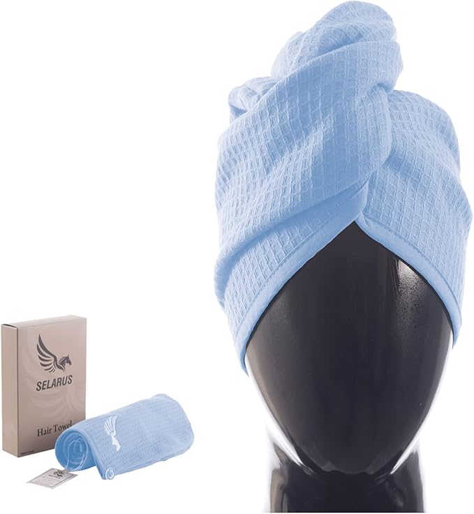 SELARUS 100% Turkish Cotton Hair Towel Wrap for Women,Non Microfiber,400-GSM(Grams per Square Metre),AntiFrizz,Hair Plop Waffle Towels for Curly,Long&Thick Hairs,Turban Head Wrap,1Pack10x26inc