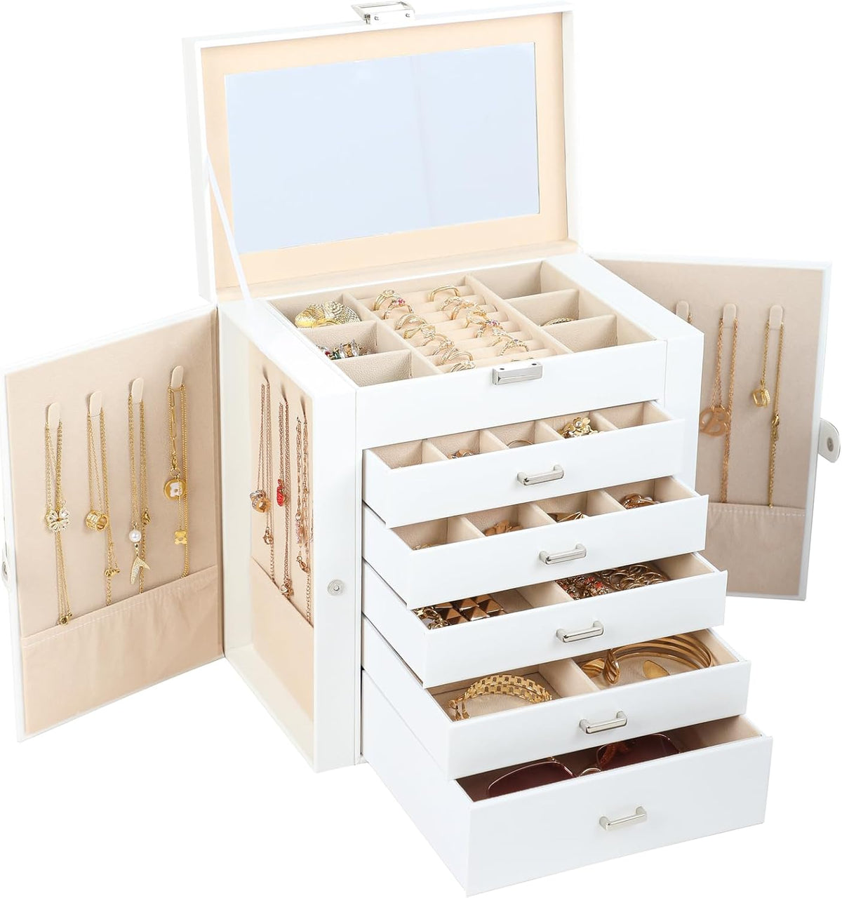 BOOVO Jewelry Box For women, 6 Layer Large Jewelry Organizer With Mirror, Multi-Function Storage Box With Lock, Necklace Holder With 5 Drawers, For Earrings Necklace Bracelet (Silver and White)