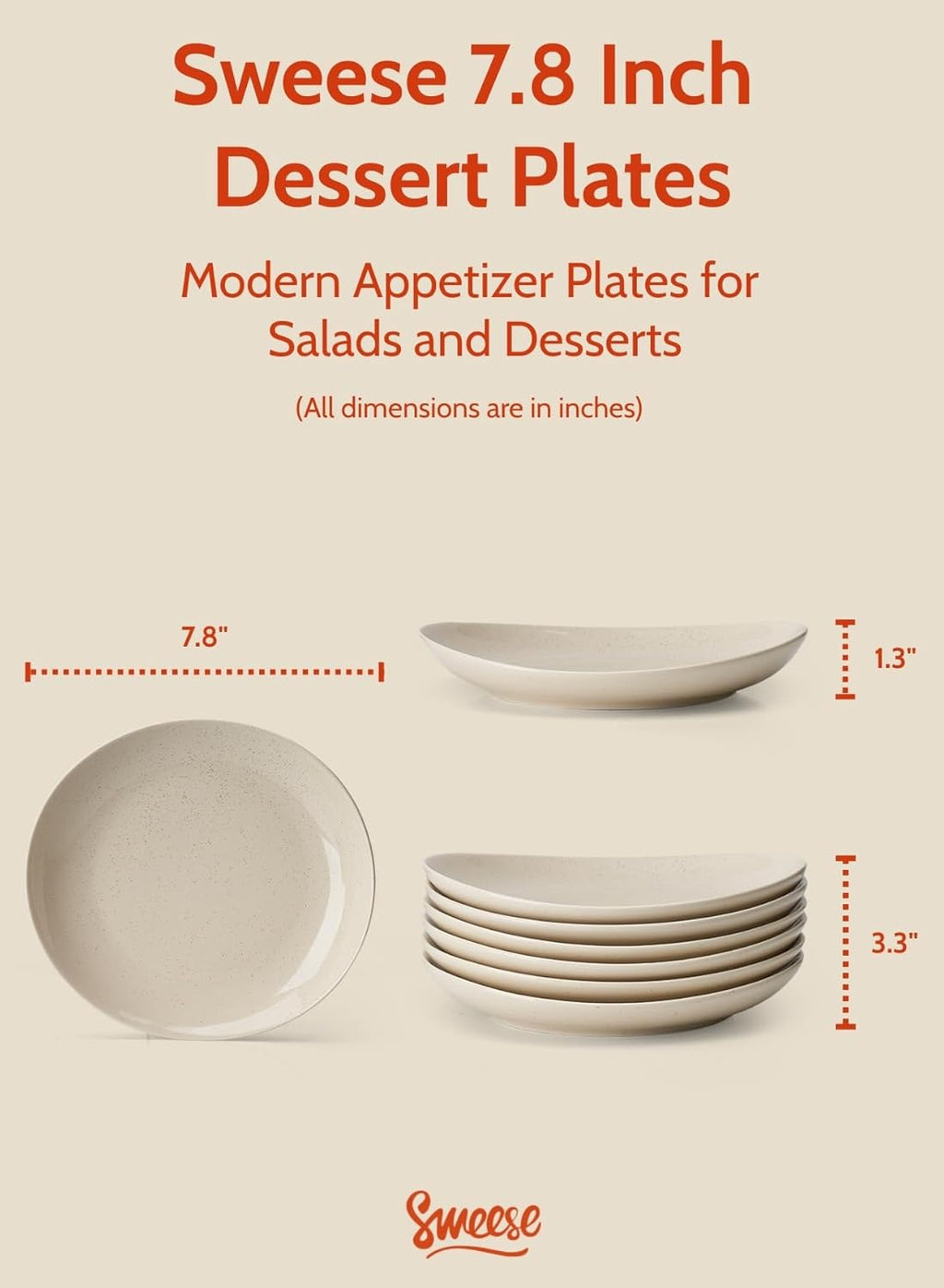 Sweese 7.8" Porcelain Dessert Plates, Beige, Set of 6 - Scratch-Resistant, Microwave Oven Safe Appetizer Plates