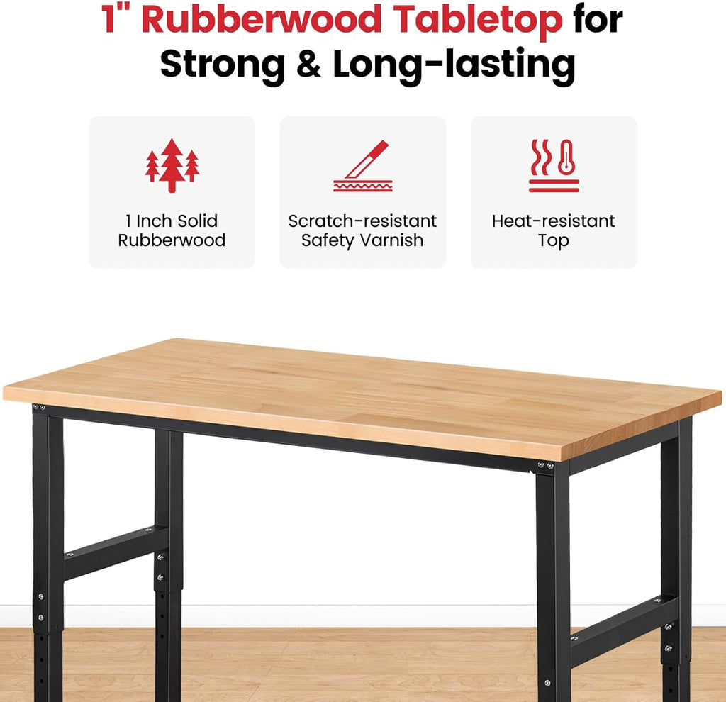 Work Bench for Garage Workbench Adjustable Height Work Table for Shop Woodworking, 60x 22 Heavy Duty Rubber Wood Top for Office, Home, Commercial