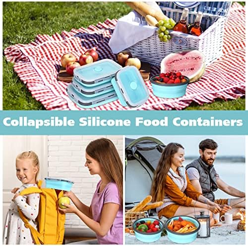 Mimorou 8 Pcs Collapsible Food Storage Containers Foldable Silicone Lunch Containers with Lids 4 Silicone Rectangle Collapsible Bowls and 4 Round Food Bowls Microwave Freezer Dishwasher Safe (Blue)