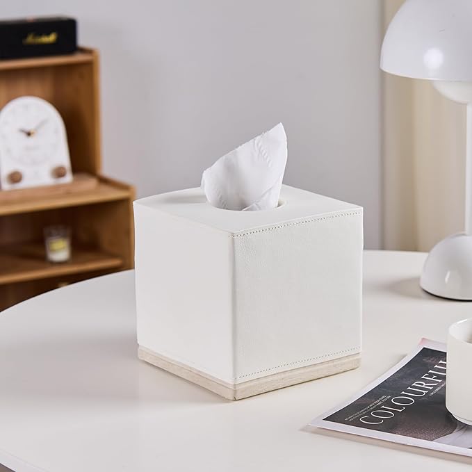 Tissue Box Cover Square Resin Tissue Holder for Home Decor,Hand Carved Beige Leather Cube Tissue Box Holder – 5.5 Inch Heavy Duty Luxury Tissue Box Case for Bathroom, Living Room, Office