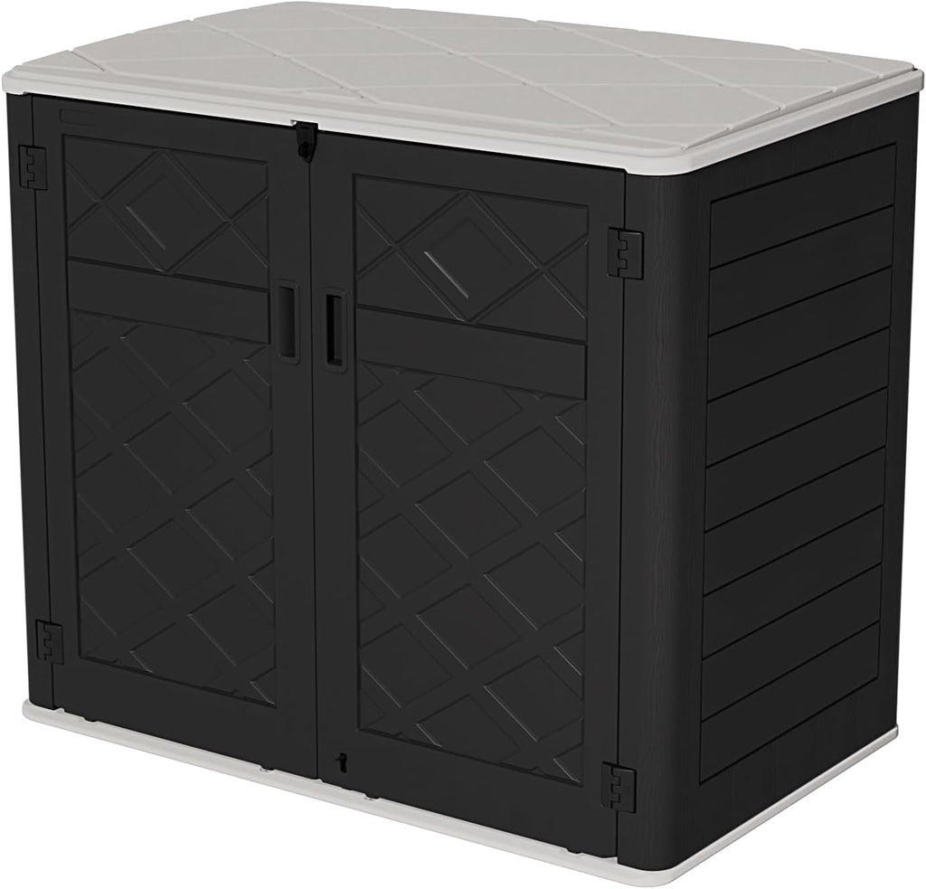 HOMSPARK Storage Shed Weather Resistance, Multi-Purpose Outdoor Storage Cabinet for Backyards and Patios, Horizontal Storage Shed for Lawnmower, Patio Accessories (Black & White, Large - 48 cu.ft)