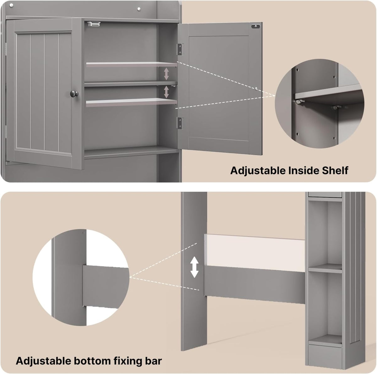 Ahomly Over The Toilet Storage Cabinet, 32.3" W Over Toilet Bathroom Organizer with Doors, Adjustable Shelves, Toilet Paper Holder, 2 Side Hooks, Space-Saver for Bathroom, Laundry, Grey
