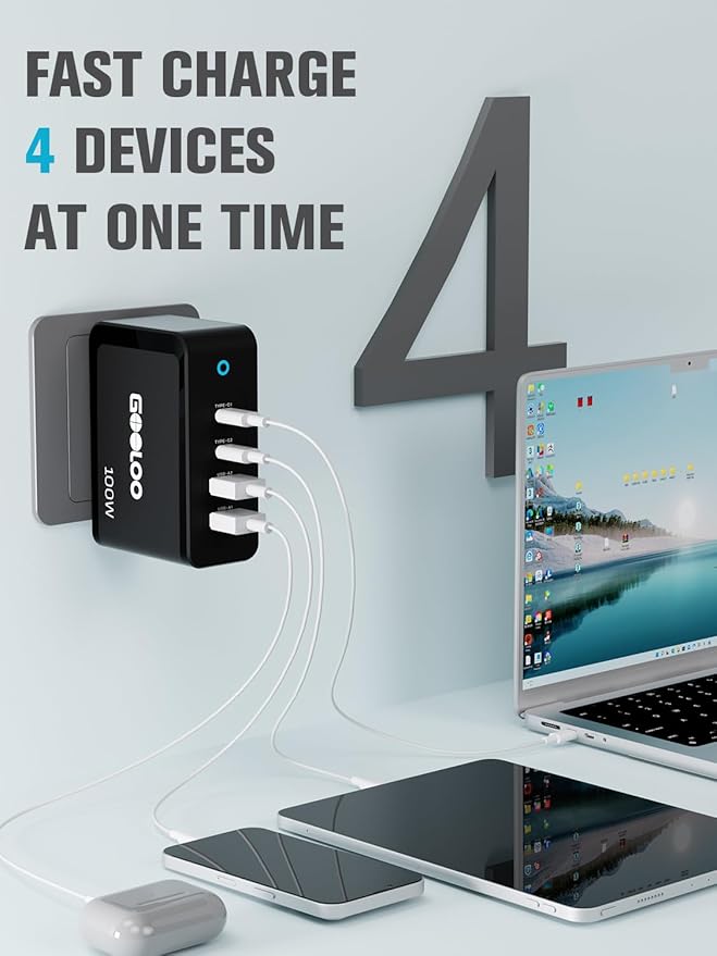 GOOLOO 100W USB C Charger Block, 4-Port Foldable Compact Fast Wall Charger