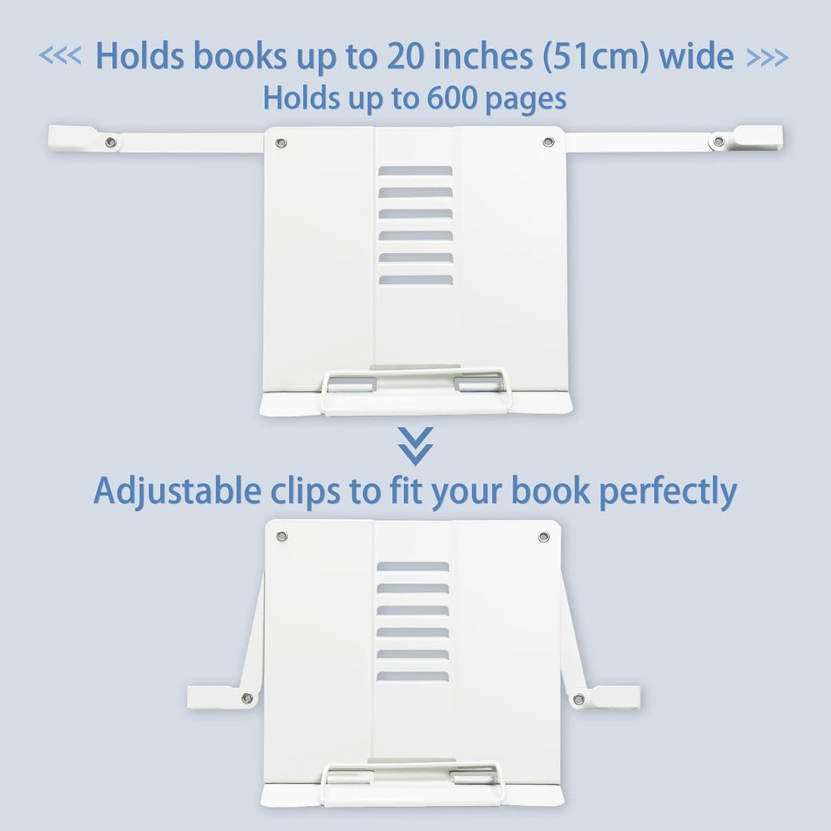 Metal Desk Book Stand for Reading with Adjustable Clips, Hands-Free Foldable Book Holder for Kids, Portable Document Stand for Desk, Display Stand for Recipes, Cookbooks, Tablets - White