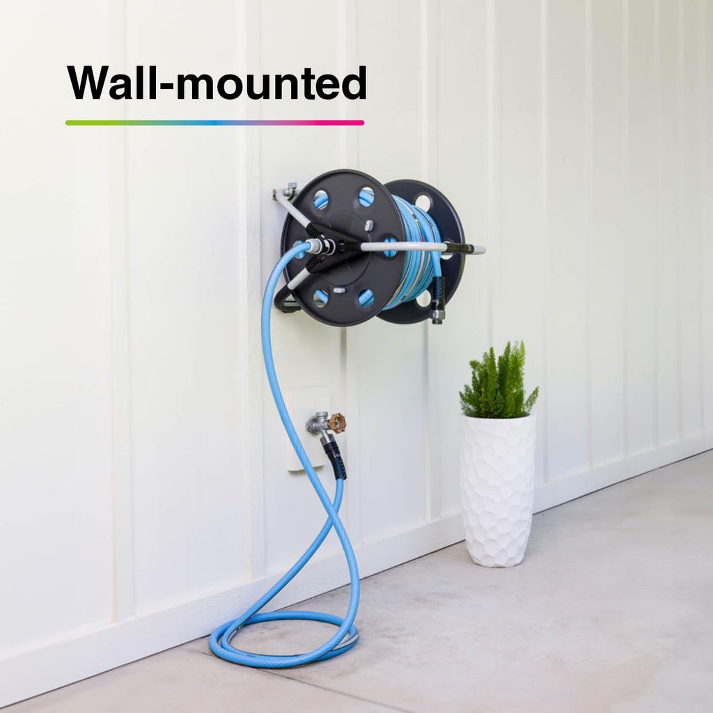FITT Quantum durable, movable metal hose reel for floor or wall mounting, with durable, kink-proof and ultra-flexible NTS Water Hose 100-Feet x 5/8-Inch