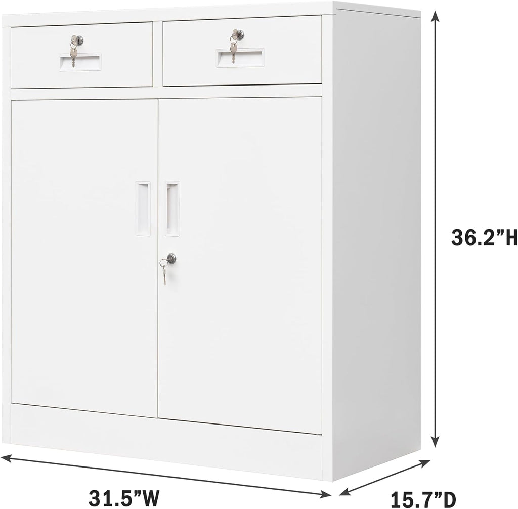 Metal Storage Cabinet, Locking Storage Cabinet with Adjustable Shelf, 36" H Metal Cabinets with Two Drawers for Office, Garage, Home-White