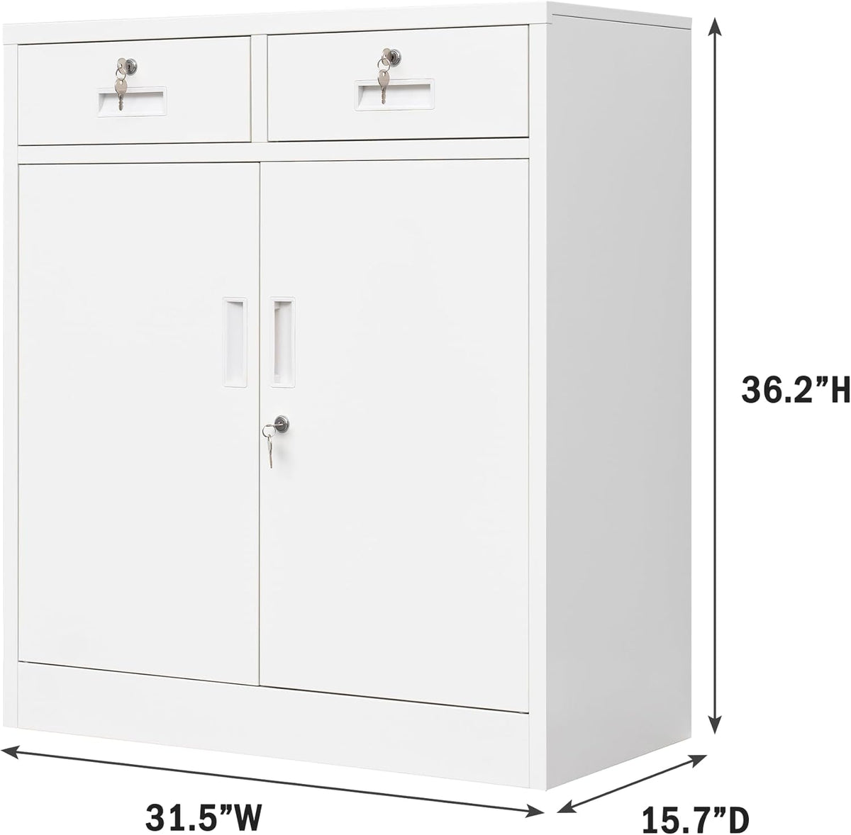 Metal Storage Cabinet, Locking Storage Cabinet with Adjustable Shelf, 36" H Metal Cabinets with Two Drawers for Office, Garage, Home-White