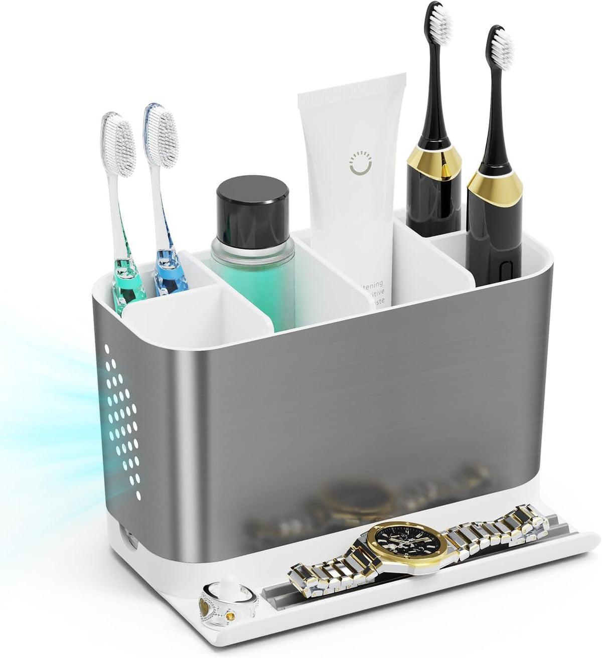 Bathroom Countertop Organizer with Front Ledge for Phone, Detachable Kids Toothbrush Holders with Cord Slots and Ring Holder, 6 Slots Toothbrush Toothpaste Holder with Drainage for Family