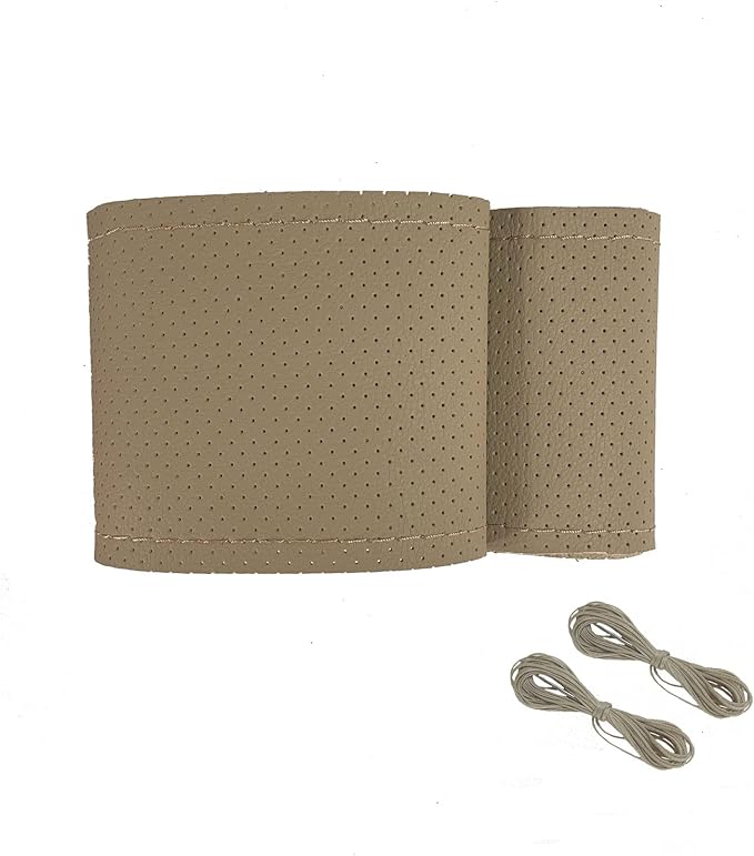 Onerbuy Universal Leather Car Steering Wheel Stitch On Wrap Cover DIY Sewing Breathable and Anti Slip, 15-Inch (Beige)