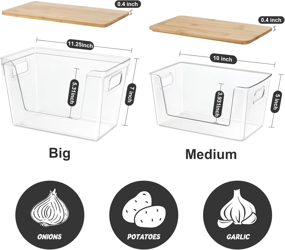 Pantry Organizers and Storage, Stackable Plastic Pantry Organizer with Lid & Handle for Kitchen Counter, Fridge for Fruit, Potato, Onion, Vegetable, 3 Set (Clear - 2 Large Bin & 1 Medium Bin)