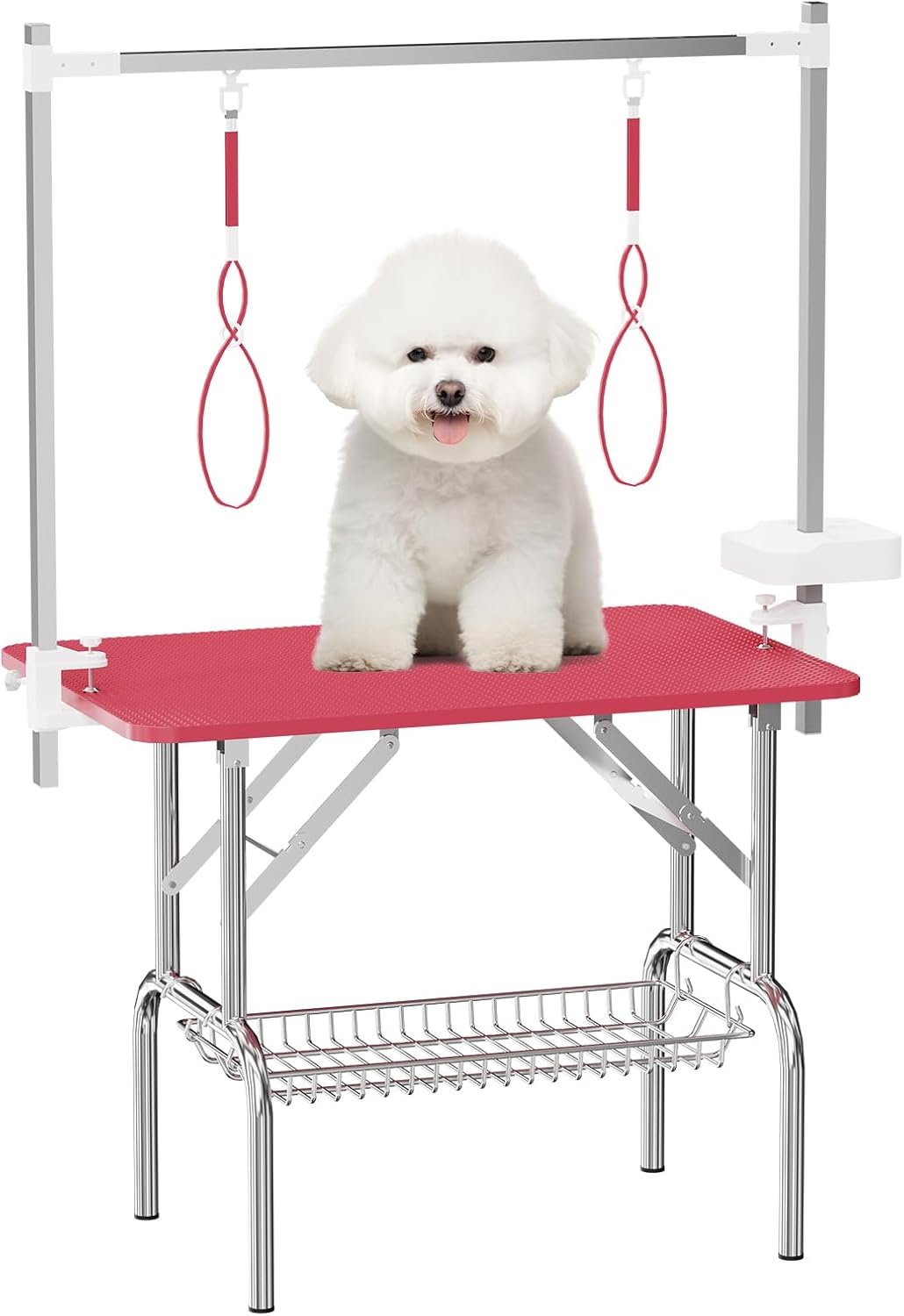 VFK 36''/47''Large Dog Grooming Table, Foldable Pet Station at Home, Dog Grooming Table,Adjustable Cat Drying Desktop with Arms, Nooses, Mesh Tray (Stainless Steel pet Table, 36" Pink)