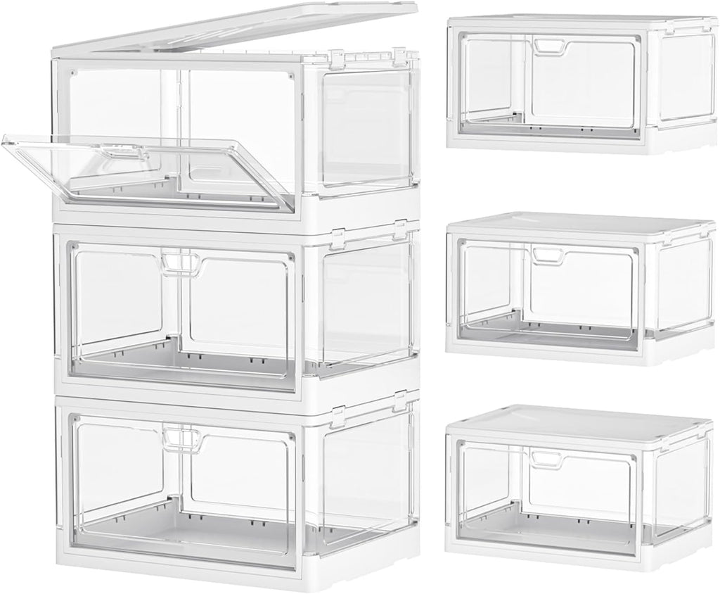Clear Storage Bin with Lid 3 Pack 【Stackable & Sturdy】 Plastic Multifunctional Folding Storage Bins for Bedroom, Living Room, Study,Room, 23 QT Folding Box with Magnetic Door
