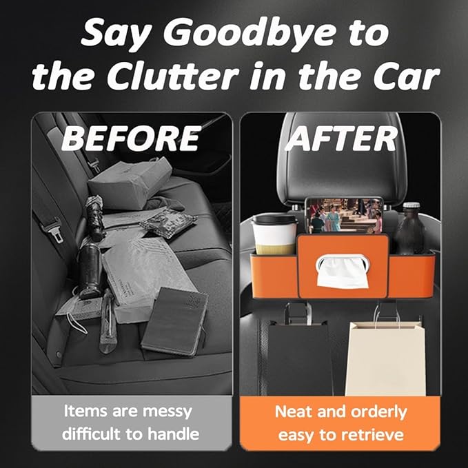 Upgraded Car Organizers and Storage Box, Multifunctional Headrest Backseat Organizer with 2 Cup Holders, Tissue Box and Hooks, Smart Over-Seat Car Organizer for Most Vehicles